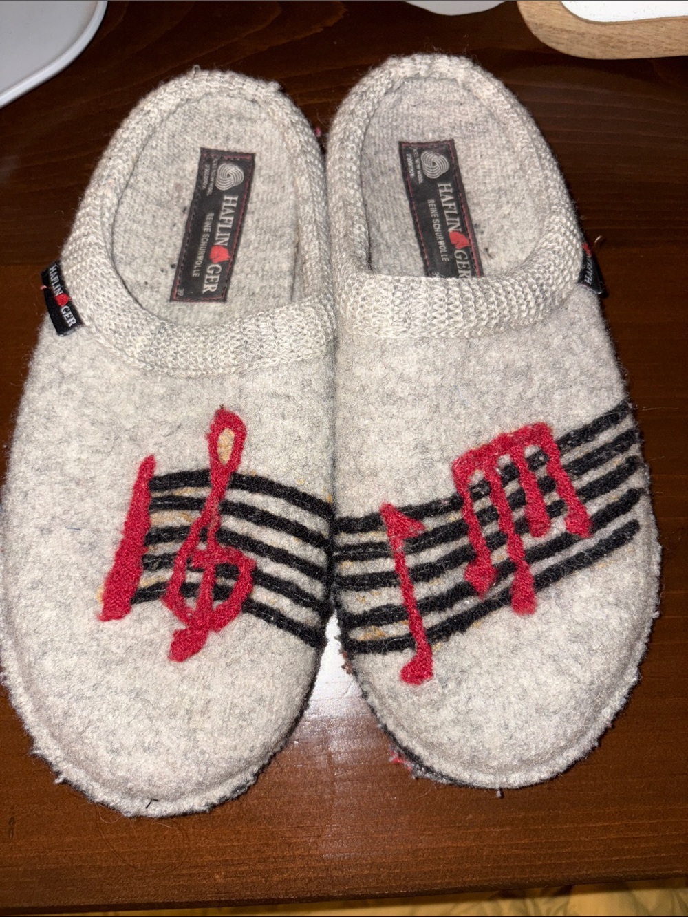 Haflinger Wool Slippers with Red Musical Notes